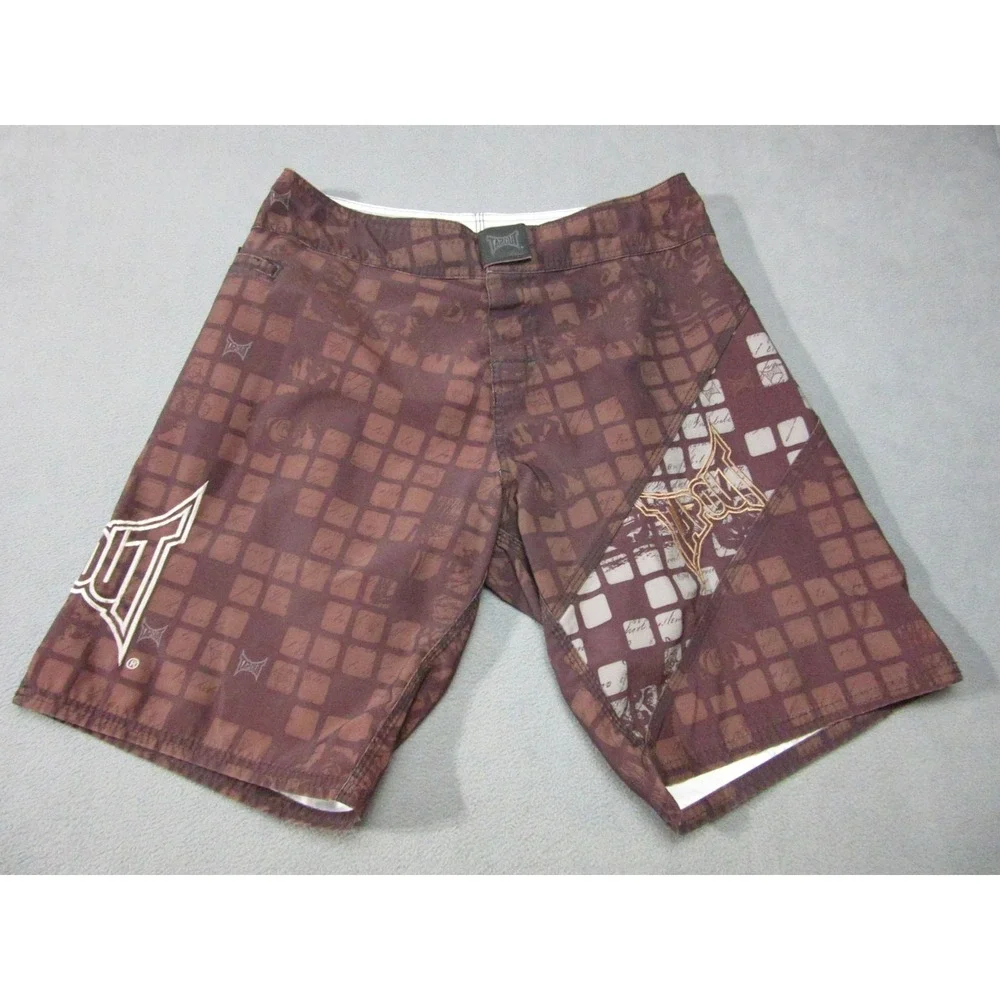 Tapout Shorts Mens Large Brown Check UFC MMA Board Drawstring Jiu Jitsu Y2K